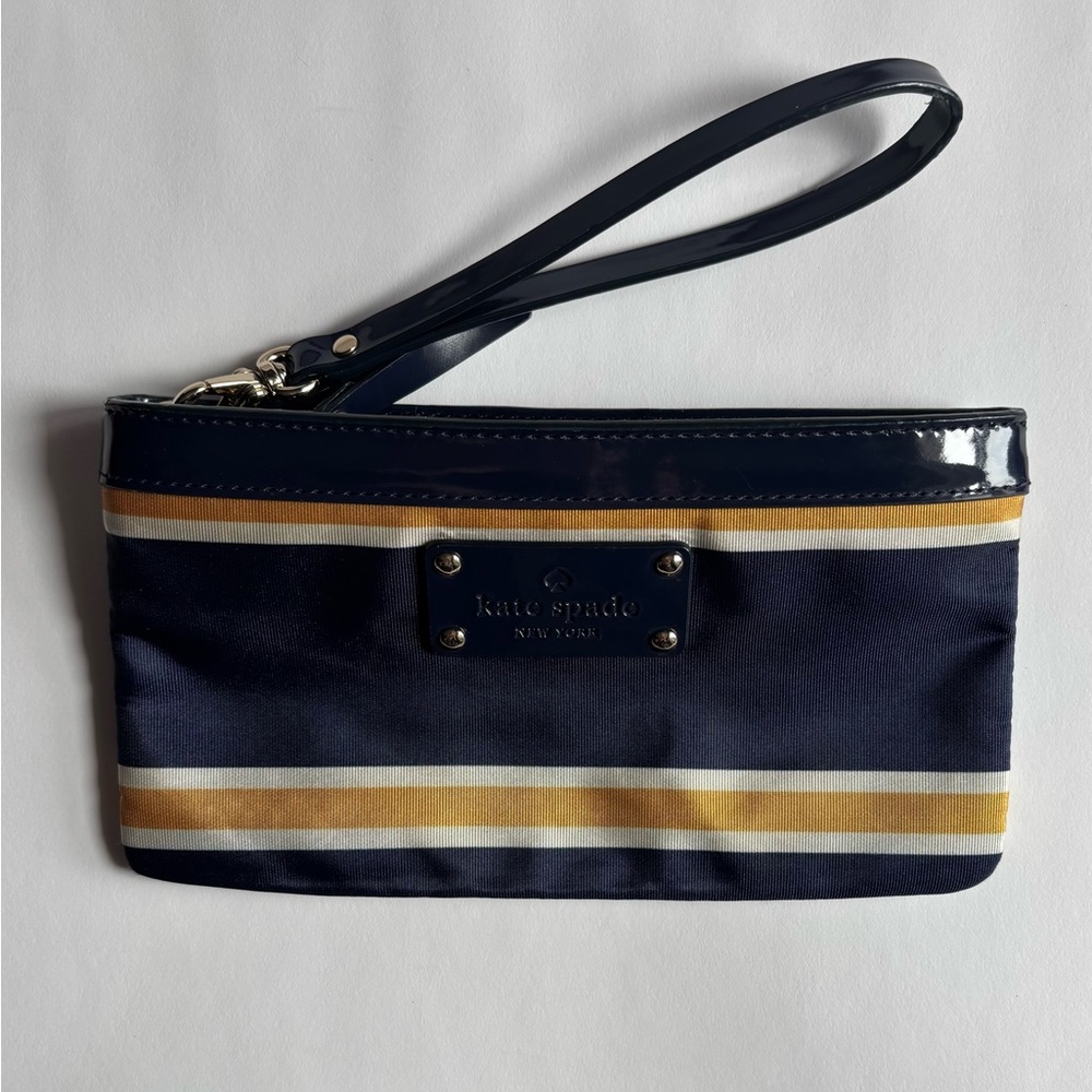 EUC Kate Spade Striped Navy and Gold Clutch